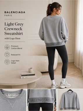Balenciaga Light Grey Crewneck Sweatshirt with Logo Hem